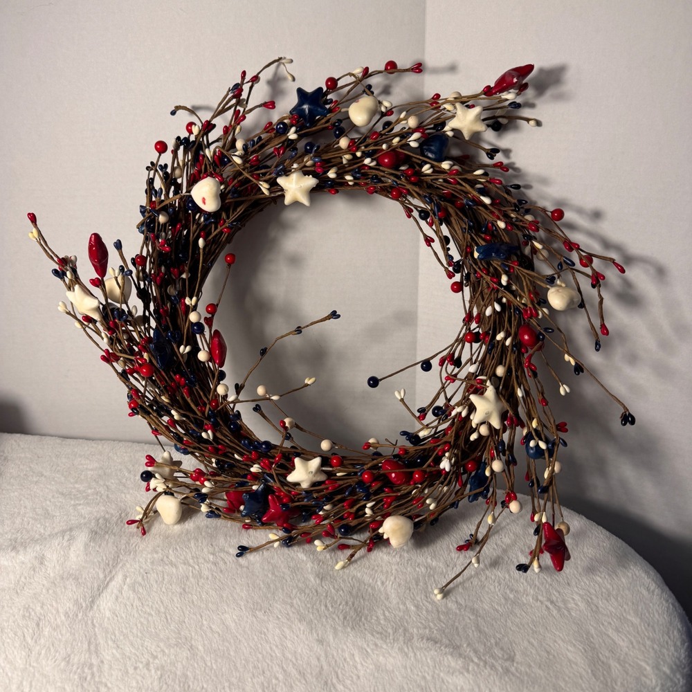 Americana Grapevine Wreath Red White Blue Pip Berries Stars Hearts 19" Patriotic